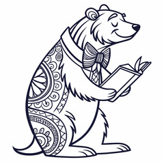 Obraz premium Bear in Bow Tie with Intricate Mandala Design Reading a Book.
