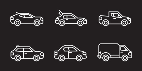 Line art illustrations of various types of vehicles including cars, trucks, and buses in a minimalist style suitable for design projects