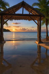 Fototapeta premium Serene Tropical Paradise in 8K: Sunrise, Crystal Waves, and a Charming Thatched Hut