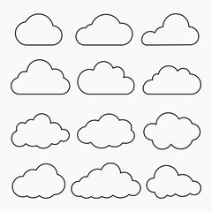 Set of white cloud icons. Various cloud shapes, cloud patterns, cloud designs, perfect for weather or sky themes. Weather illustration, vector set.