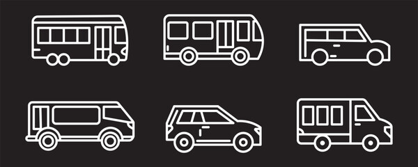 Car icon set. Simple and detailed auto symbol in different styles. Automobile vector illustration. Vehicle sign. Sedan silhouette. Black car graphic design concept.