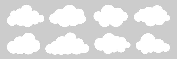 Set of white cloud icons. Various cloud shapes, cloud patterns, cloud designs, perfect for weather or sky themes. Weather illustration, vector set.