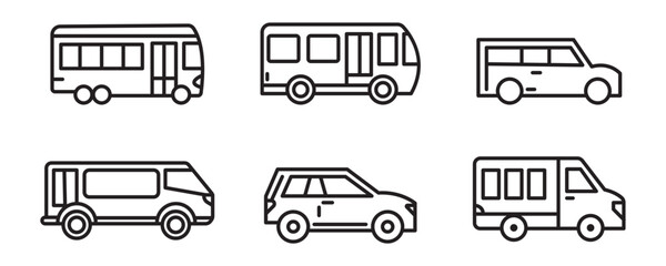 Car icons set. The car from different sides. Side view, back, front, bottom, inside. linear icon collection. Line with editable stroke