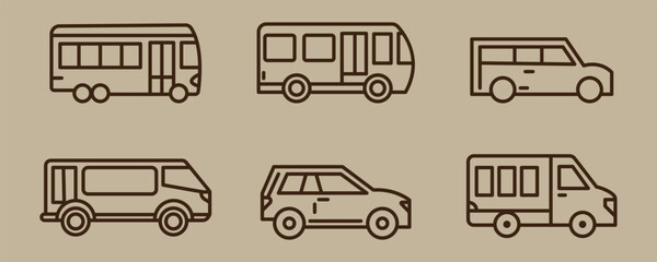 Car icons set. The car from different sides. Side view, back, front, bottom, inside. linear icon collection. Line with editable stroke