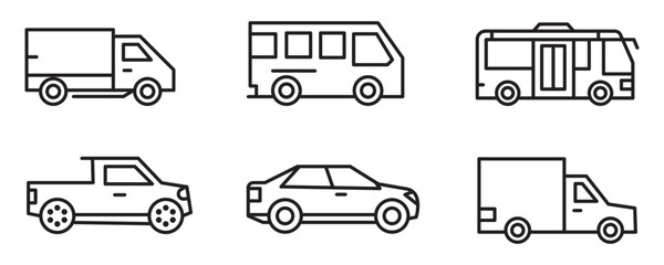 Car icon set in linear style. Transport vector illustration