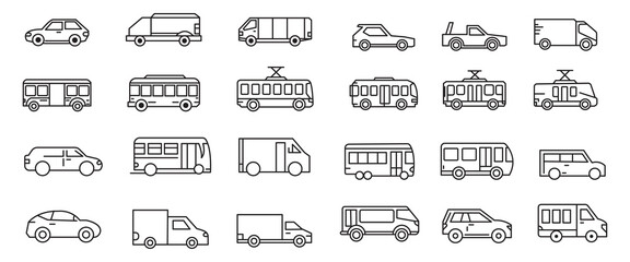 Car icon set in linear style. Transport vector illustration