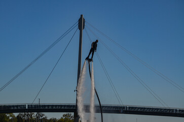 Giżycko, Masuria, Poland , may 01.2025 , flyboard on Lake Niegocin in Giżycko
