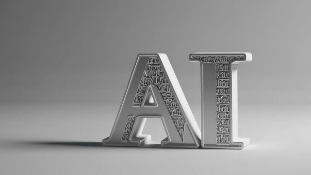 Matte white 3D AI letters with embossed binary code on soft light gray background