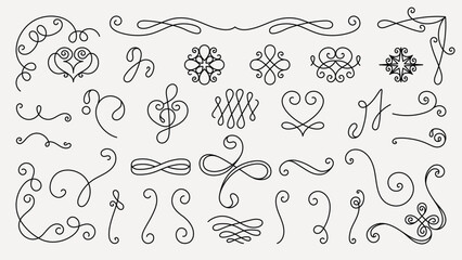 Elegant swirl dividers in black, featuring various decorative swirls, curls, and lines. Swirl designs perfect for invitations, borders, and decorative accents. Hand drawn ornament vector set.