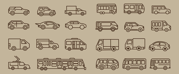 Car icon set in linear style. Transport symbol. Vector illustration . Car line icons set.