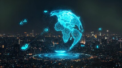 Global cityscape at night, overlaid with glowing interconnected digital icons - Powered by Adobe