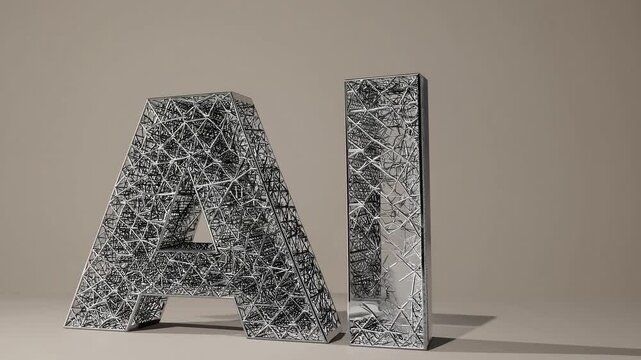 Futuristic Metallic AI Letters with Nano-Hexagon Mesh on Beige Background