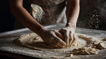 Cinematic Cut of Hands Kneading Dough on a Flour-Dusted Rustic Surface