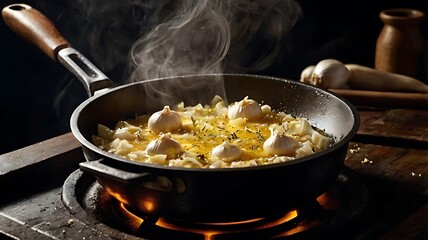 Dramatic Sizzling Pan with Garlic and Butter as Steam Rises in Cinematic Detail