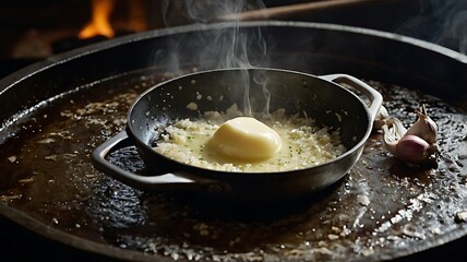 Dramatic Sizzling Pan with Garlic and Butter as Steam Rises in Cinematic Detail