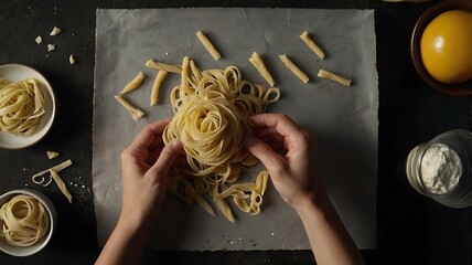 Hands-Only Overhead View of Homemade Pasta Crafted from Scratch with Rustic Charm
