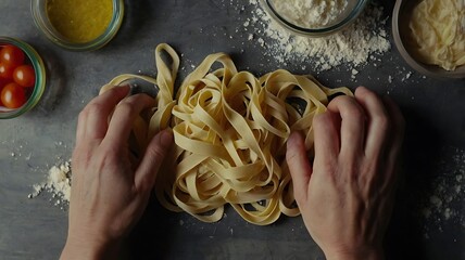 Hands-Only Overhead View of Homemade Pasta Crafted from Scratch with Rustic Charm