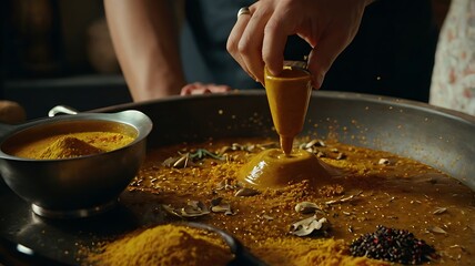 Vibrant Montage of Spices Sprinkled and Stirred into a Flavorful Curry Pot