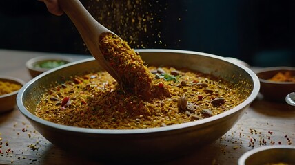 Vibrant Montage of Spices Sprinkled and Stirred into a Flavorful Curry Pot