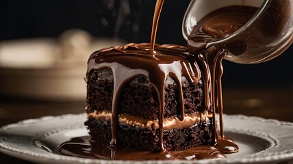 Slow-Motion Pour of Melted Chocolate Over Layered Cake in Decadent Detail