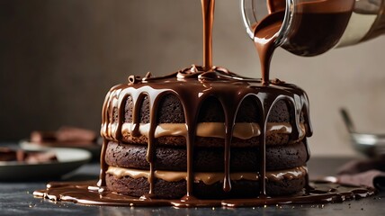 Slow-Motion Pour of Melted Chocolate Over Layered Cake in Decadent Detail