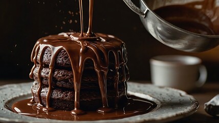 Slow-Motion Pour of Melted Chocolate Over Layered Cake in Decadent Detail