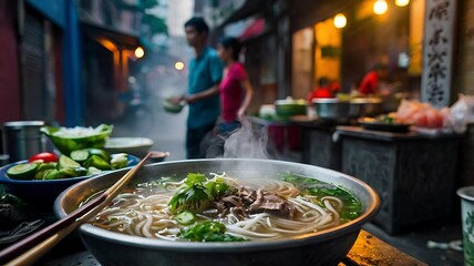 Steaming Vietnamese Pho Served Street-Side with Authentic Urban Ambience
