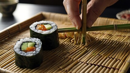 Traditional Japanese Sushi Roll Prepared with Bamboo Mat and Precision Blade Work