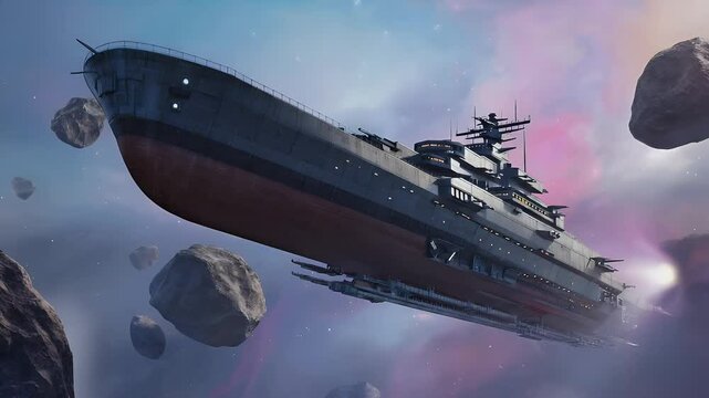 Futuristic Battleship Flying Through Asteroids In Space with Nebulae Background