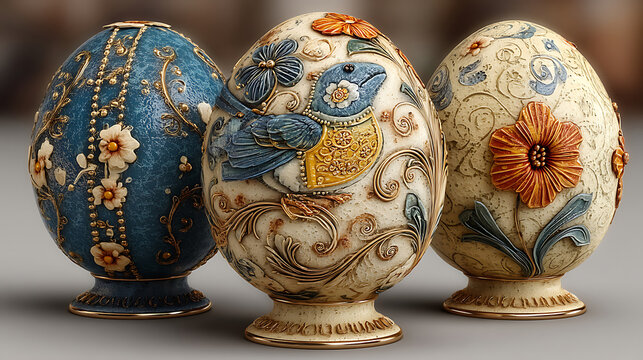 Elegant easter eggs with intricate floral and bird designs spring holiday decorations ornate festive objects detailed artistic craftsmanship decorative egg art
