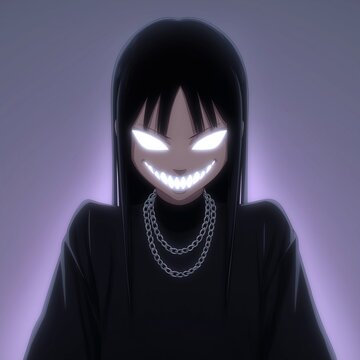 A dark and edgy anime illustration of a girl with a menacing glowing smile and eyes. Perfect for phonk music covers and edgy themes