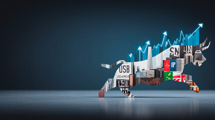 Bullish Market Metaphor: A dynamic illustration depicts a charging bull composed of various digital elements, with upward trending financial graphs superimposed.