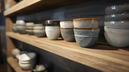 Ceramic bowls, Pottery, Bowls, Stacked Ceramic Bowls on Wooden Shelf