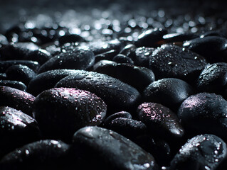 Wet Black River Rocks with Water Droplets and Reflections Background