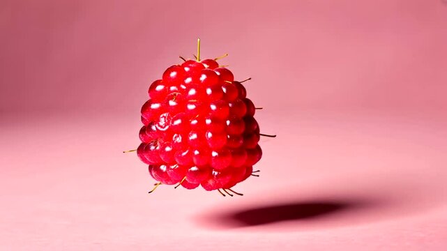 Floating raspberry against a soft pink background, showcasing its vibrant color and texture