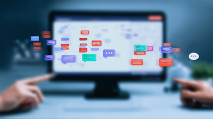 Digital Dialogue: A close-up shot showcases a computer screen displaying a network of connected message bubbles, symbolizing the flow of digital communication, a subtle backdrop.