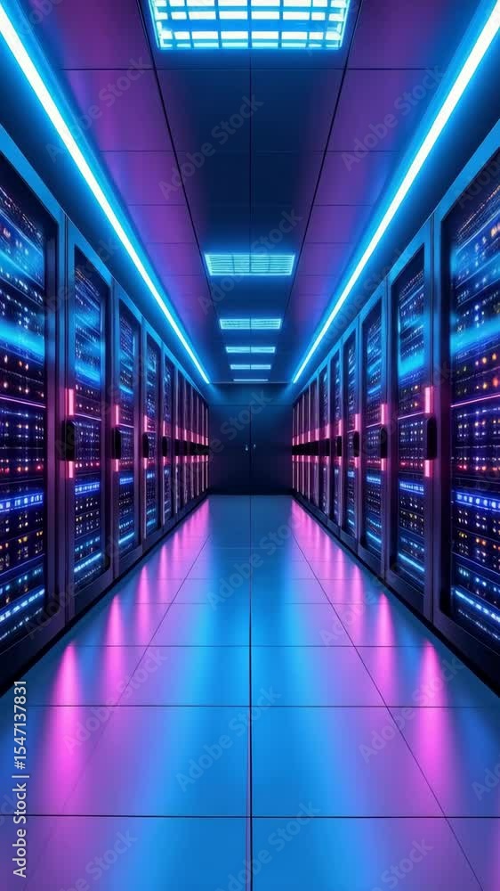 Poster futuristic server room hallway with glowing neon lights, multiple rows of computing machines, and ne