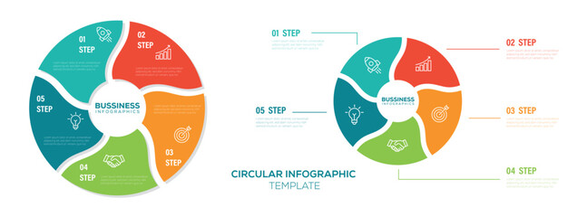 Business infographic template. Vector infographic label design with circle infographics design with 5 steps. Circular pie chart divided into 5 colorful sectors.