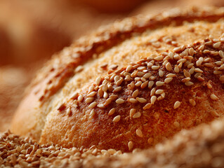 Close-up of Fresh Bread Roll Topped with Sesame Seeds