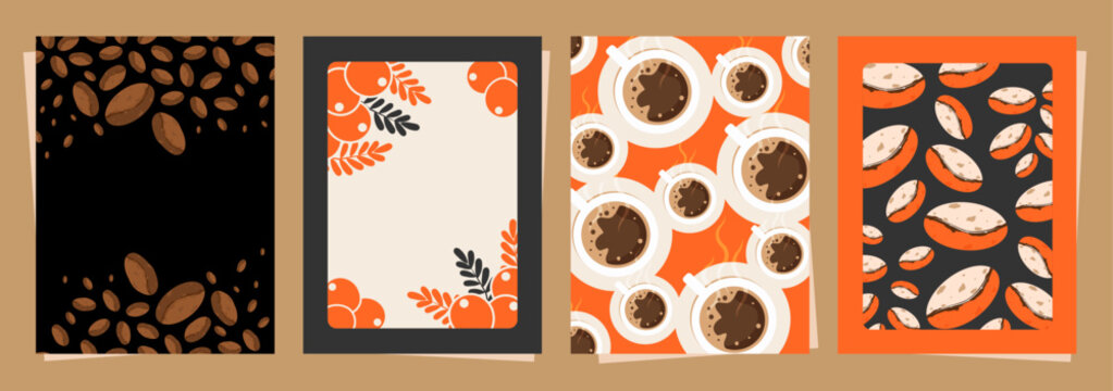 Set of cover books with coffee beans and leaves on minimal background for invitations, cards, banner, poster, cover, cafe menu or another template design. vector illustration.