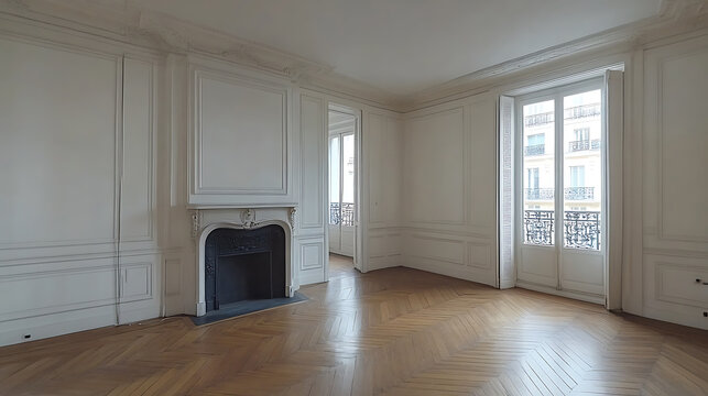 Elegant empty apartment with white walls fireplace and large windows in paris ready for interior decoration
