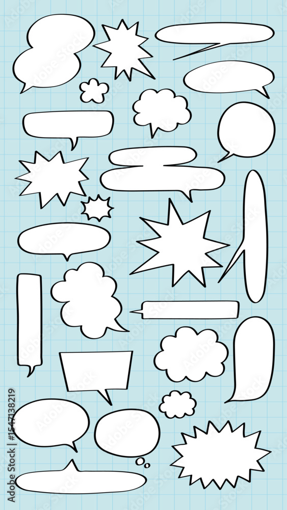 Poster collection of speech bubbles in various shapes on a grid background. speech bubbles include clouds, 