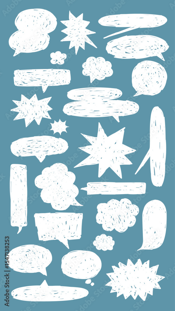 Poster set of white speech bubbles on blue background. speech bubbles in various shapes. white speech bubbl