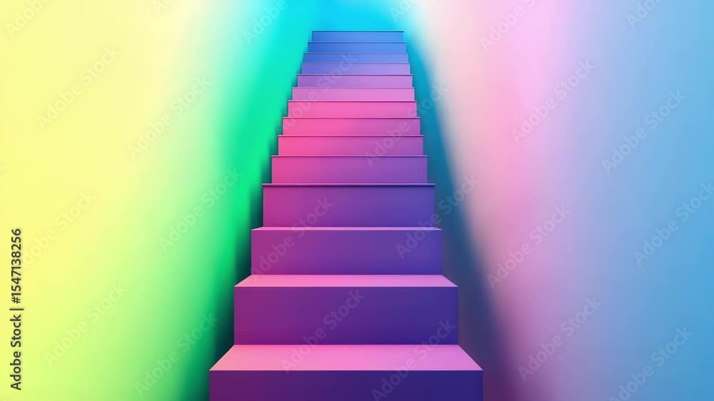 Poster a staircase surrounded by a gradient of vibrant colors, creating a surreal and immersive atmosphere.