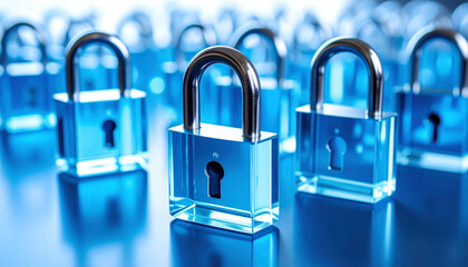 Fototapeta premium Glass locks locked against a blurry blue background. Concept symbolizing a secure security system.