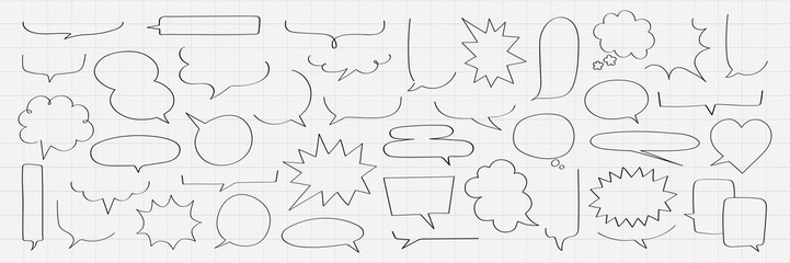 A collection of hand-drawn speech bubbles and thought clouds. Various shapes and sizes of speech bubbles. Ideal for comics, notes, and creative designs. Message illustration vector.