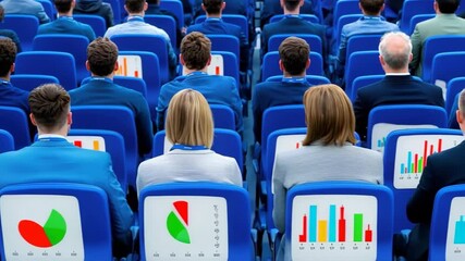 A slow pan across the rows of seated attendees Small, individual screens on the back of each chair flicker to life, one by one, displaying different charts and graphs related to a presentation - Powered by Adobe