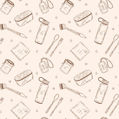 Seamless vector line pattern of eco kitchen essentials.
Includes bamboo brush, cotton cloth, jar, container, dish brush, and soap on a rope