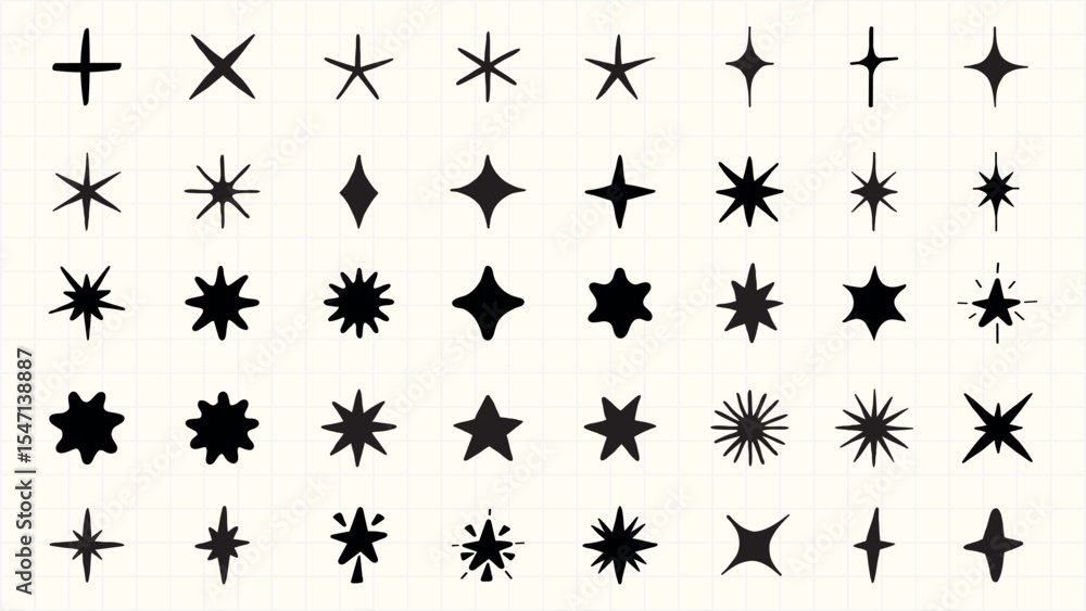 Poster collection of black starburst and sparkle icons. starburst icons vary in shape and size. sparkle ico