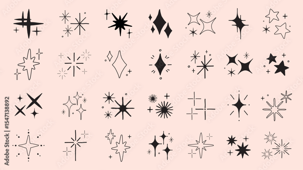 Poster collection of black starburst and sparkle icons. starburst icons vary in shape and size. sparkle ico
